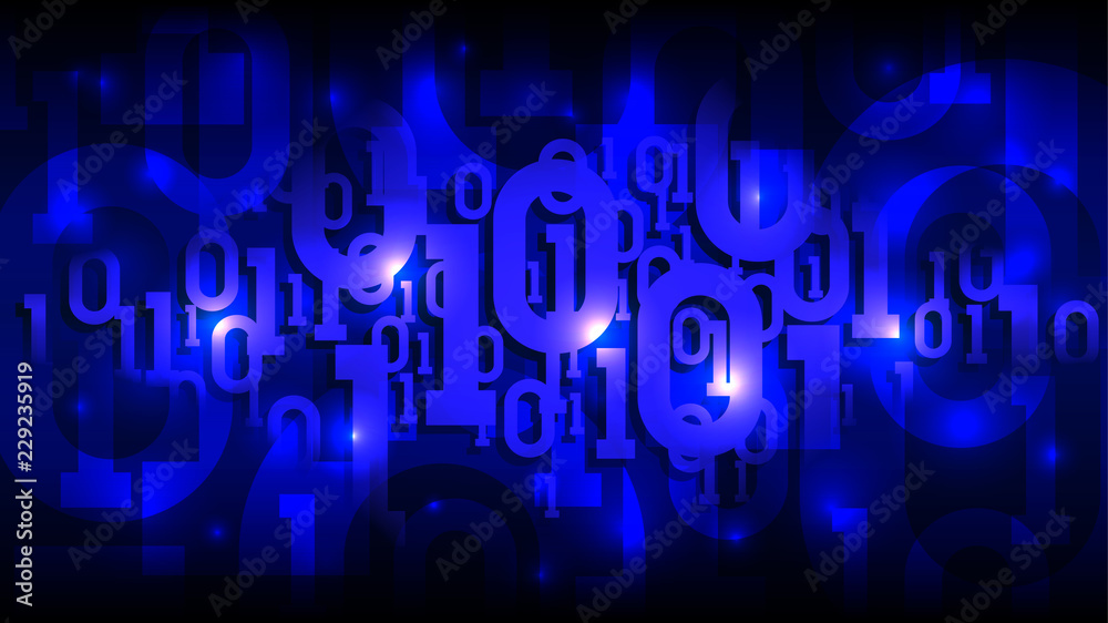 Wall mural matrix blue background with binary code, shadow digital code in abstract futuristic cyberspace, arti