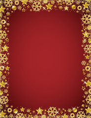 Red christmas card with  border of golden glittering snowflakes and stars, vector illustration