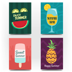 vector flat hand drawn summer theme card poster illustration collection, set