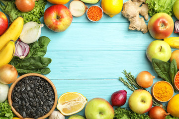 Flat lay composition with natural products and space for text on wooden background. Home remedies for asthma