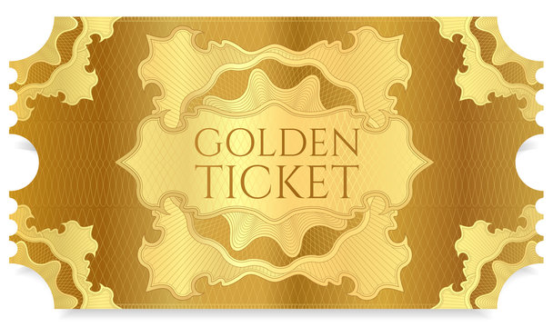 Golden Cinema Ticket Template. Concert Ticket On Gold Background With Curve Floral Pattern. Useful For Any Movie Festival, Party, Film, Event, Entertainment Show