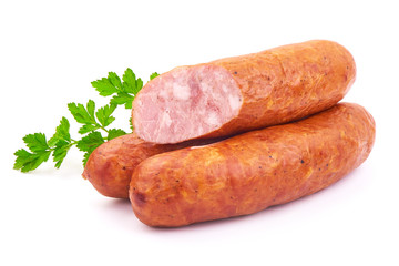 Sliced Oktoberfest Dried Sausages with parsley, isolated on a white background. Close-up.