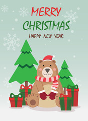 Merry Christmas and happy new year greeting card,banner with cute bear  wear Christmas costume, gifts and Christmas tree. Cartoon character vector.