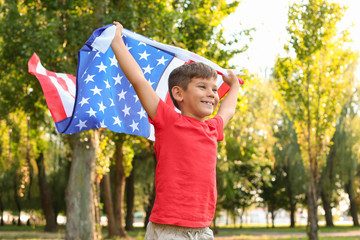 Cute little boy with American flag in park on sunny day