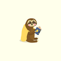 Vector illustration of cute cartoon reading sloth. Childish print for fabric, t-shirt, poster, cards, invitations, cases, pattern, patch and sticker