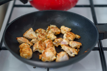 Several pieces of chopped up chicken breast with spices browned in a frying pan on stove in home.