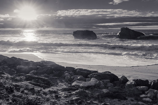 Fototapeta beautiful scenic beach of milady in evening summer, biarritz, basque country, france in black and white