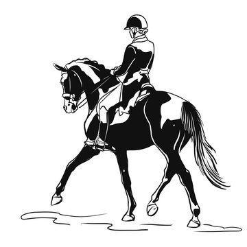 An illustration of a dressage rider on a horse executing the half pass.