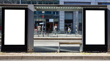 Two blank billboards mockup for advertisingon at a bus stop © Rawf8