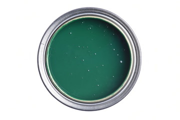 Can with green paint isolated on white background, directly above