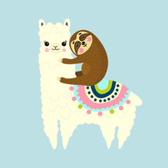 Vector Illustration of cute fluffy cartoon llama or alpaca and sloth. Best friends. Childish print for fabric, t-shirt, poster, cards, invitations, cases, pattern, patch and sticker