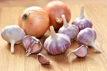 Garlic on the table. Spice for meat.