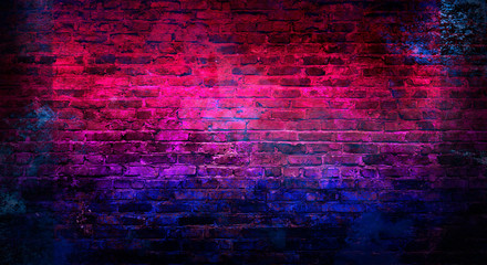 Empty background of old brick wall, background, neon light