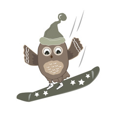Cute little owl snowboarding on the mountain. Vector illustration