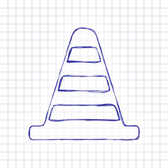 Cone Icon. Hand drawn picture on paper sheet. Blue ink, outline sketch style. Doodle on checkered background