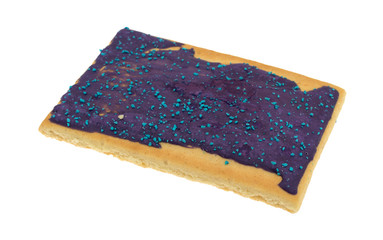 Side view of a purple icing toaster pastry isolated on a white background.