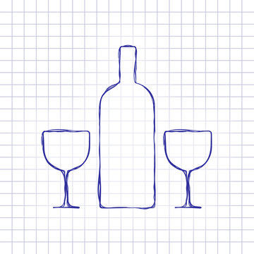 glasses and bottle. Hand drawn picture on paper sheet. Blue ink, outline sketch style. Doodle on checkered background