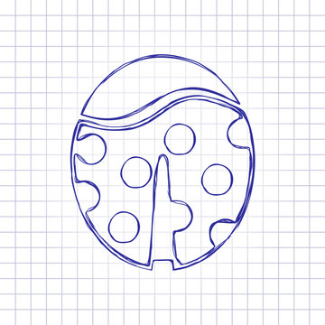 Ladybug icon. Hand drawn picture on paper sheet. Blue ink, outline sketch style. Doodle on checkered background