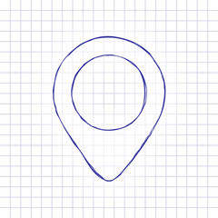 map label icon. Hand drawn picture on paper sheet. Blue ink, outline sketch style. Doodle on checkered background