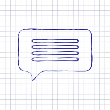message cloud icon. Hand drawn picture on paper sheet. Blue ink, outline sketch style. Doodle on checkered background