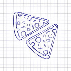 pieces of pizza icon. Hand drawn picture on paper sheet. Blue ink, outline sketch style. Doodle on checkered background