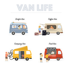 Van Life. Vintage vans used by people for different purposes. Modern flat design illustrations. - 229244971