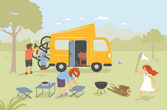 Family with Camping Van in the nature. Van Life Concept. Modern vector flat design illustration.