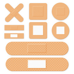 Medical patch, adhesive bandage. Set of elastic medical plasters in different shapes. Realistic first aid band plasters