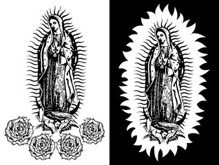 Virgin of Guadalupe, Mexican Virgen de Guadalupe black and white vector illustration - obrazy, fototapety, plakaty