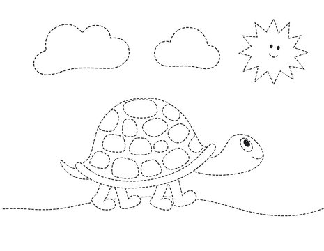 drawing worksheet for preschool kids with easy gaming level of difficulty. Simple educational game for kids. Illustration of turtle for toddlers