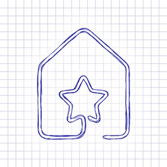 house with star icon. line style. Hand drawn picture on paper sheet. Blue ink, outline sketch style. Doodle on checkered background