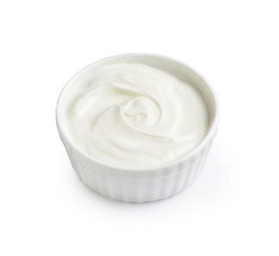 Bowl Of Sour Cream Yogurtisolated On White Background.