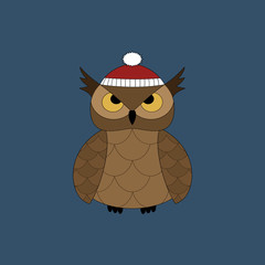 Beautiful winter owl  on blue background. Vector New Year icon.