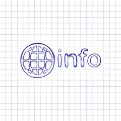 domain for information resources, globe and info. Hand drawn picture on paper sheet. Blue ink, outline sketch style. Doodle on checkered background