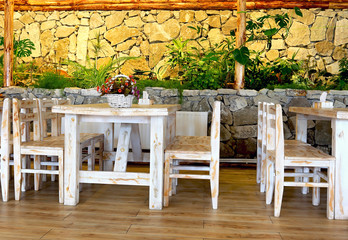 Dining table with utensils in the winter cafe