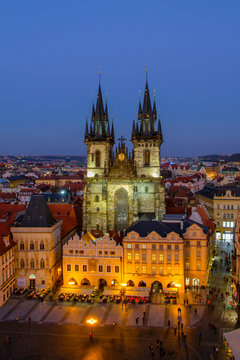 Aerial view of the gothic Tyn cathedral, Old Town square, Prague, Czech Republic.  Night scene. Historical center .European travel.