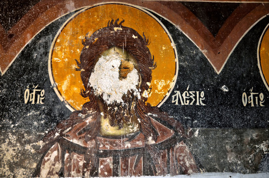 Destroyed frescoes from the ancient church of Saint Athanasios (1614) in Tsaritsani, Elassona, Greece