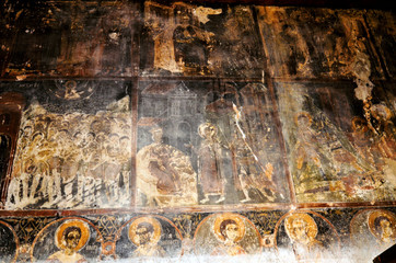 View of frescoes from the ancient church of Saint Athanasios (1614) in Tsaritsani, Elassona, Greece