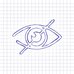 dont look, crossed out eye. simple icon. Hand drawn picture on paper sheet. Blue ink, outline sketch style. Doodle on checkered background