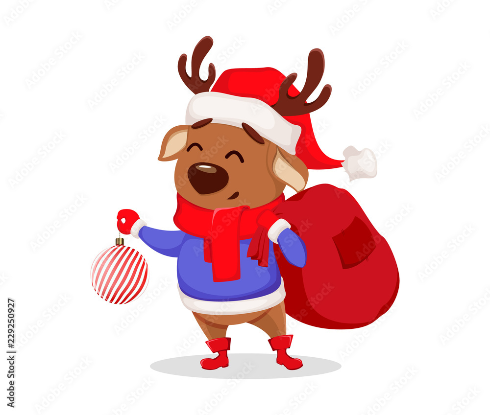 Poster Merry Christmas. Cute deer wearing Santa Claus hat