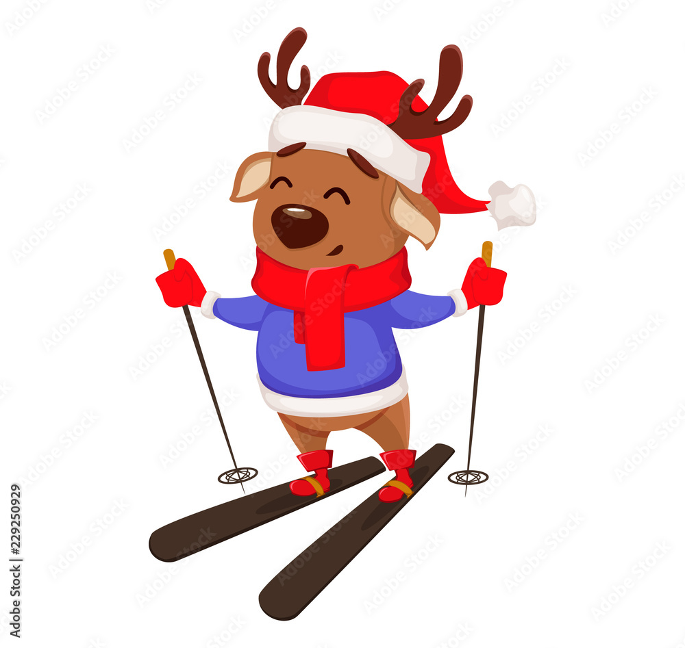 Poster Merry Christmas. Cute deer wearing Santa Claus hat