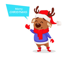Fototapeta na wymiar Merry Christmas. Cute deer wearing Santa Claus hat