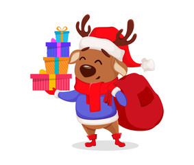 Merry Christmas. Cute deer wearing Santa Claus hat