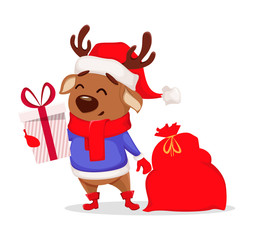 Merry Christmas. Cute deer wearing Santa Claus hat
