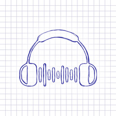 Headphones and music wave. Max volume level. Simple icon. Hand drawn picture on paper sheet. Blue ink, outline sketch style. Doodle on checkered background