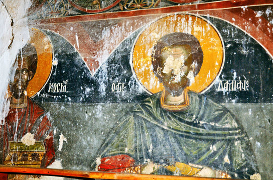 Destroyed frescoes from the ancient church of Saint Athanasios (1614) in Tsaritsani, Elassona, Greece