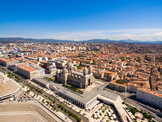 Aerial view of the Cathedral Sainte-Marie-Majeure de Marseille or Notre dame de la major near the vieux port in Marseille, France