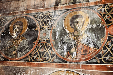 View of frescoes from the ancient church of Saint Athanasios (1614) in Tsaritsani, Elassona, Greece