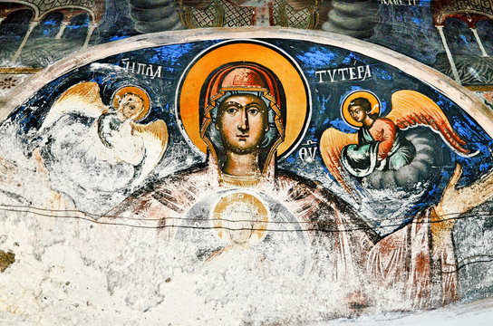 View of frescoes from the ancient church of Saint Athanasios (1614) in Tsaritsani, Elassona, Greece