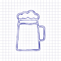 Beer glass cup. Simple linear icon with thin outline. Hand drawn picture on paper sheet. Blue ink, outline sketch style. Doodle on checkered background